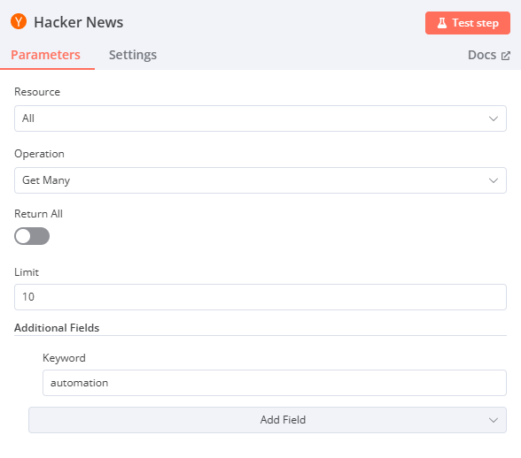 Hacker News node parameters